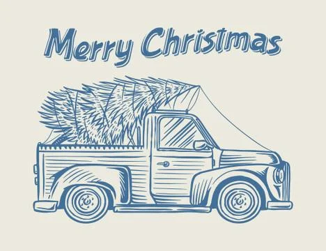 Car with a Christmas tree. Spruce in the luggage of the truck. Delivery concept Stock Illustration