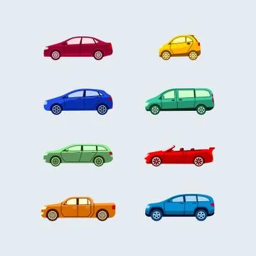 Car Classification - modern vector flat design icons set. Stock Illustration