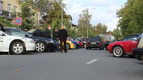 Car competition, people walking crowd Stock Footage 12256334