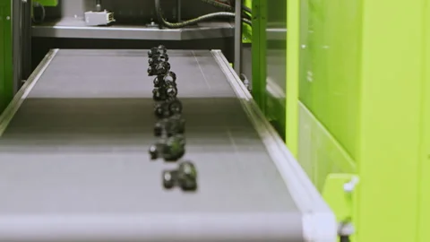 Car components move on conveyor after production in injection moulding machine Stock Footage 266687334