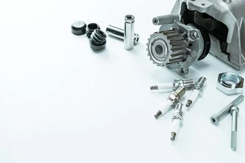 Car construct. Set of new metal car part. Auto motor mechanic spare or automo Stock Photos