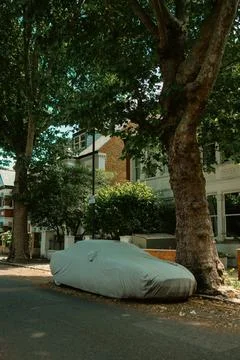 Car covered with protective sheet on tree-lined street Stock Photos