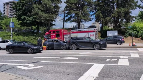 Car crash collision with rear ending and fire truck and ambulance cars. Video stock 345858354