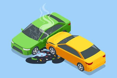 Car crash. Isometric vector of a collision between a green and yellow car, with Stock Illustration