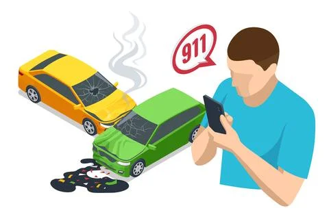 Car crash. Isometric vector illustration of a car accident with two damaged cars Ilustración de archivo