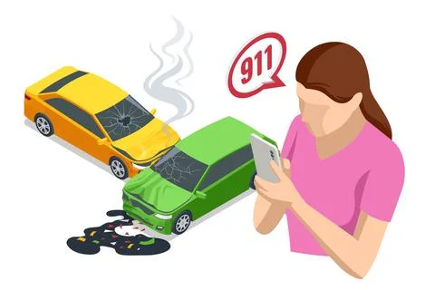 Car crash. An isometric vector illustration of a car accident with two damaged Ilustración de archivo
