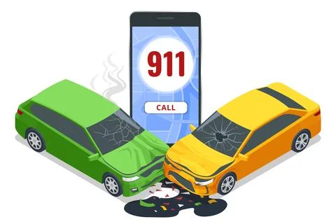Car crash. Isometric vector illustration of a car accident with two damaged cars Stock Illustration
