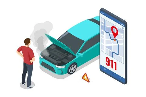 Car crash. Isometric vector illustration of a car accident with two damaged cars Ilustración de archivo
