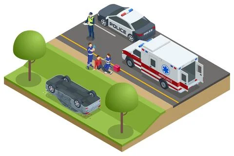 Car crash. Isometric vector showing a car flipped over near a rural road. Police Ilustração Stock