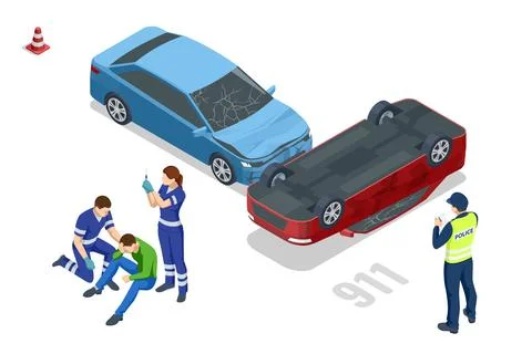 Car crash. Isometric vector showing a car flipped over near on road. Police and Ilustração Stock