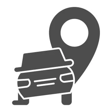 Car crash location solid icon. Auto with map pin pointer, safe driving symbol Stock Illustration