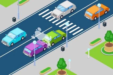 Car crash, vector isometric 3D illustration. Accident in front of crosswalk. Stock Illustration