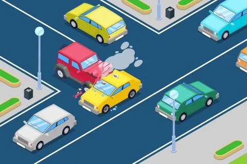Car crash, vector isometric 3D illustration. Street accident at intersection Stock Illustration