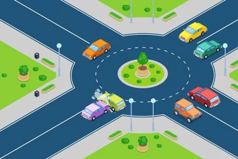 Car crash, vector isometric 3D illustration. Street accident at roundabout ju Stock Illustration