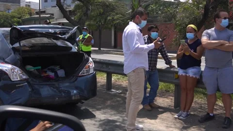 A car crashed from behind on a fast track and people writing on the phone Video stock 150917566