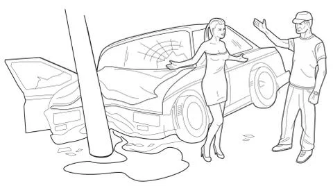 Car with crashed front. Man and woman quarrelling. Black and white vector ill イラスト素材