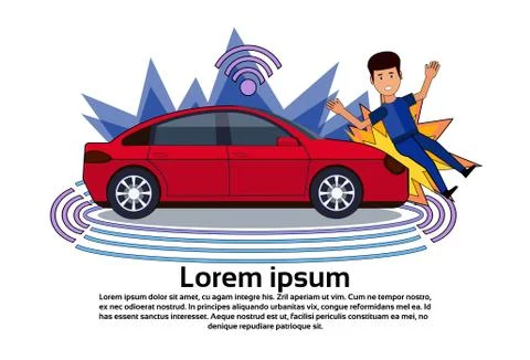 Car Crashed Man On Road Personal Accident Banner Over Copy Space Background Ilustração Stock