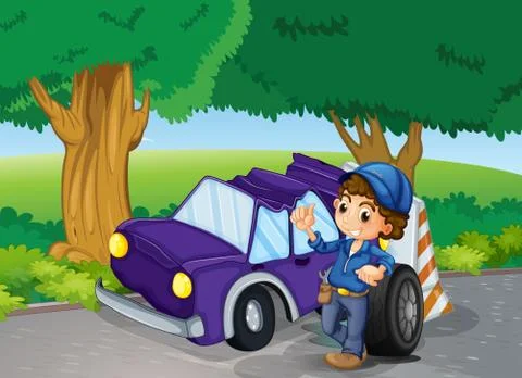 A car crashed near the big trees Stock Illustration