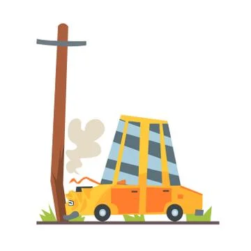 Car crashed into street post, car accident colorful character vector Stock Illustration