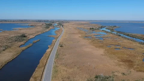 Car cutting through large marshland area with delta rivers Stock Footage 101697670