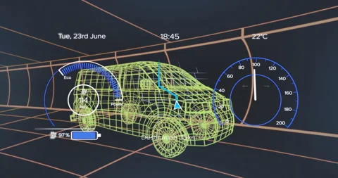Car dashboard animation displaying speed, temperature, and navigation details Stock Footage 303450725