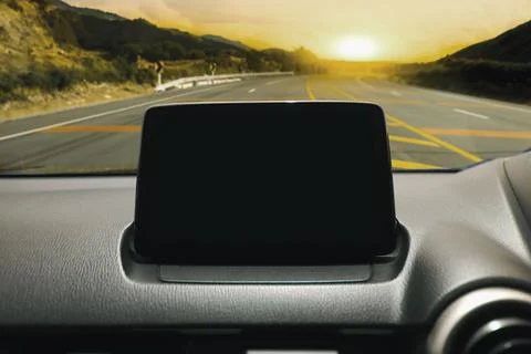 Car Dashboard Blank Screen on Road Trip Stock Photos