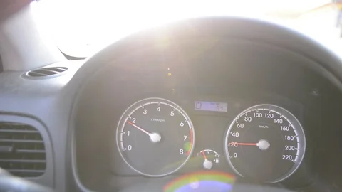 Car dashboard, control panel with speed gauge, fuel consumption during car drivi Видео 115529070