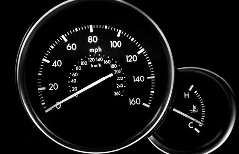 Car dashboard dials -  speedometer and engine temperature gauge Foto stock