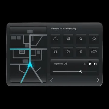 Car dashboard head unit interface with navigation and media controls 스톡 일러스트