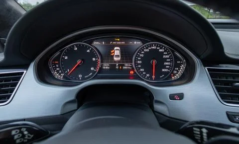 Car Dashboard Instrument Cluster With Speedometer Tachometer And Central Di.. Stock Photos