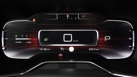 Car dashboard panel with speedometer, tachometer, odometer, fuel gauge and gear Fotos de archivo