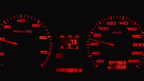 Car dashboard with red glowing speedometer accelerating Stock-Footage 334152820