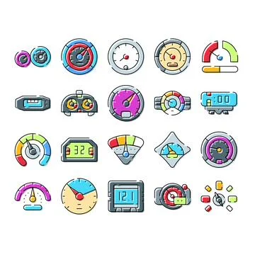 Car dashboard speed and level gauge icons set Stock Illustration