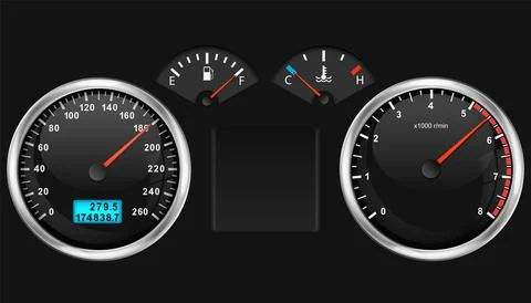 Car dashboard speedometer, tachometer gauge, fuel and engine temperature. Rea Stock Illustration