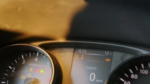 Car dashboard warning indicators close-up shot showing hazard lights and arrow Stock Footage 333619045