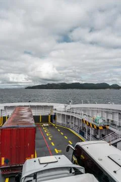 Car deck of the car ferry between Halhjem and Sandvikvg, Norway Stock Photos