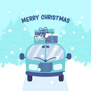 Car delivering gift boxes winter landscape. Festive Christmas background. Pre Stock Illustration