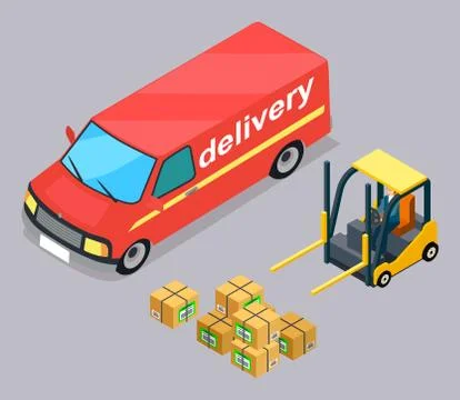 Car delivery, operator loading cargo, boxes or parcels with labels, man sit Stock Illustration