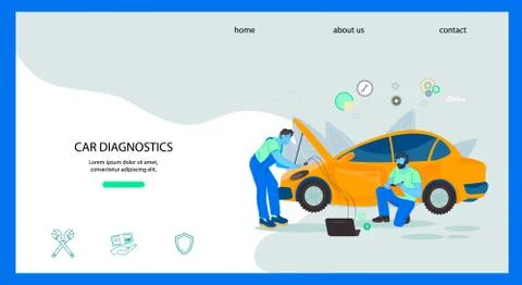 Car diagnostics website banner with auto mechanics flat vector illustration. Stock Illustration