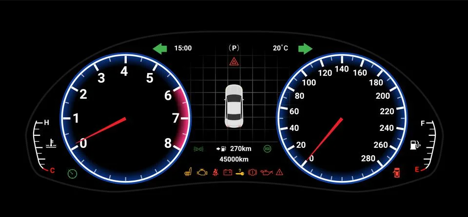Car digital dashboard speedometer display fuel panel. Car cluster dashboard Stock Illustration