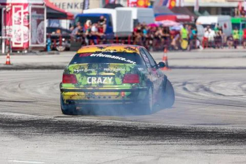 Car drifting race competition on a track 스톡 사진