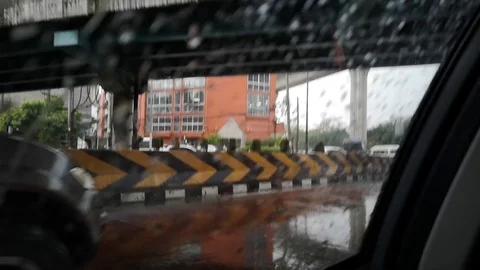 CAR drive through on heavy rain road, Hand held camera. Stock Footage 117096206