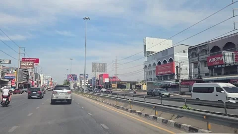 Car driver point of view, city of Pattaya street. Sukhumvit road. Driving plate. Stock Footage 296261636