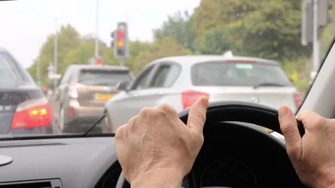 Car Driver Stuck In Traffic Hands on Wheel Stock Footage 249960531