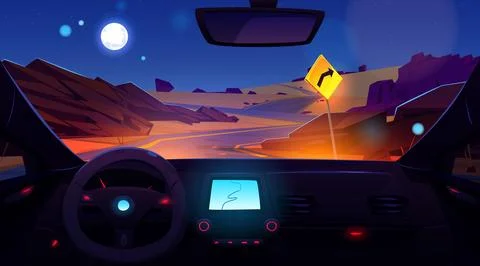 Car driver view of night desert highway Stock Illustration