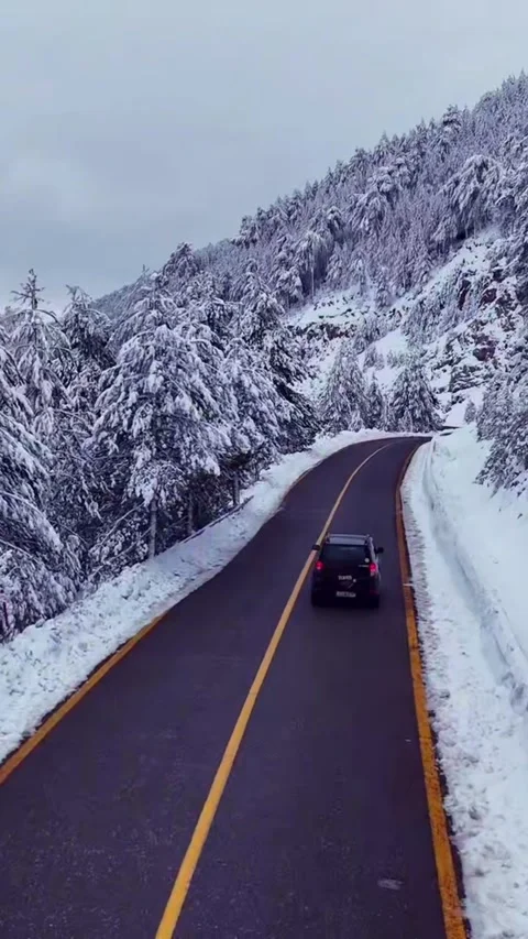 Car drives through snowy forest roads in Parnassos during winter. Vídeos de archivo 335042537