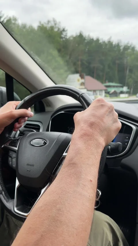 Car driving along forest highway in overcast weather. Driver hands holding .. Stock Footage 343260555