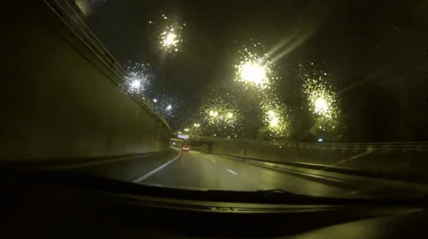 Car Driving Along Highway - Gopro POV Point of View Shot - Raining, Night 04 Stock Footage