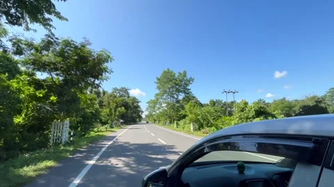 Car Driving Along Tree Lined Highway on Sunny Day Stock-Footage 329174885