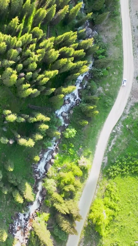 A Car Driving Along a Winding Mountain Road and River. Vertical Drone View. KZ Stock Footage 339908694
